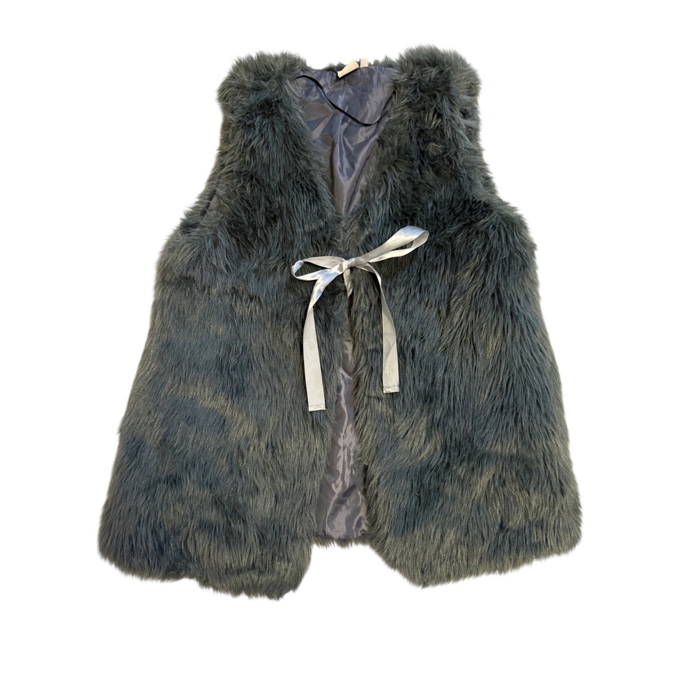 Daisy Fuentes Faux Fur Vest Womens XL Grey Ribbon Tie Front with Pockets